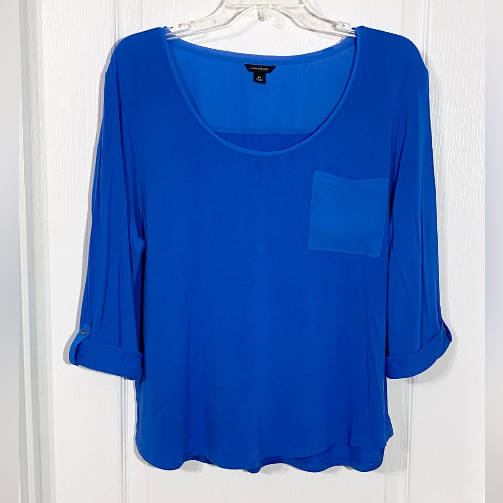 Ann Taylor Sheer Panel Roll Tab Sleeve Knit Top Cobalt Blue XL